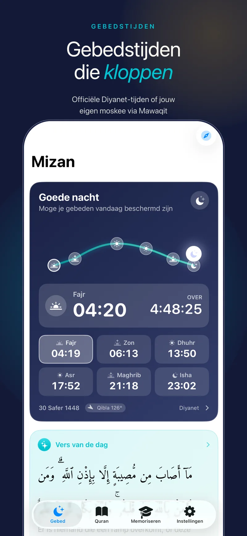 Gebedstijden-scherm van Mizan